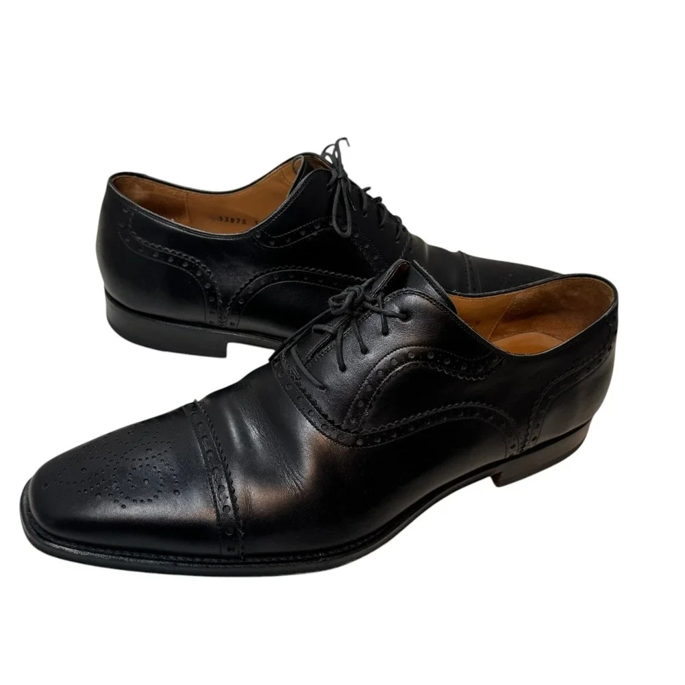 Magnanni Black Brogue Cap Toe Oxford Dress Shoes Medallion Men's 10.5 M